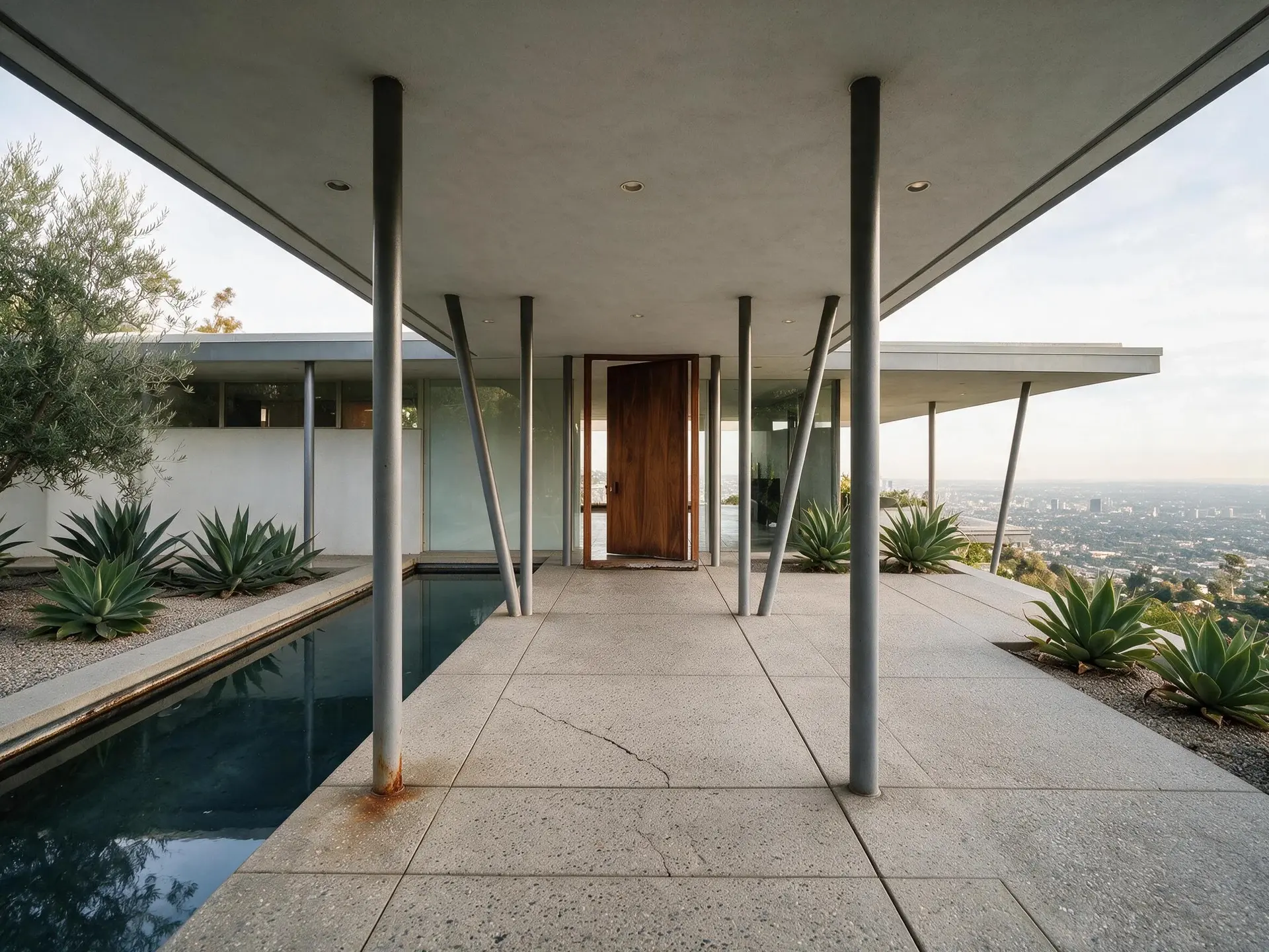 Before and after of a post-and-beam entry colonnade at a Trousdale Estates house in Beverly Hills. — enhanced by Plotpane