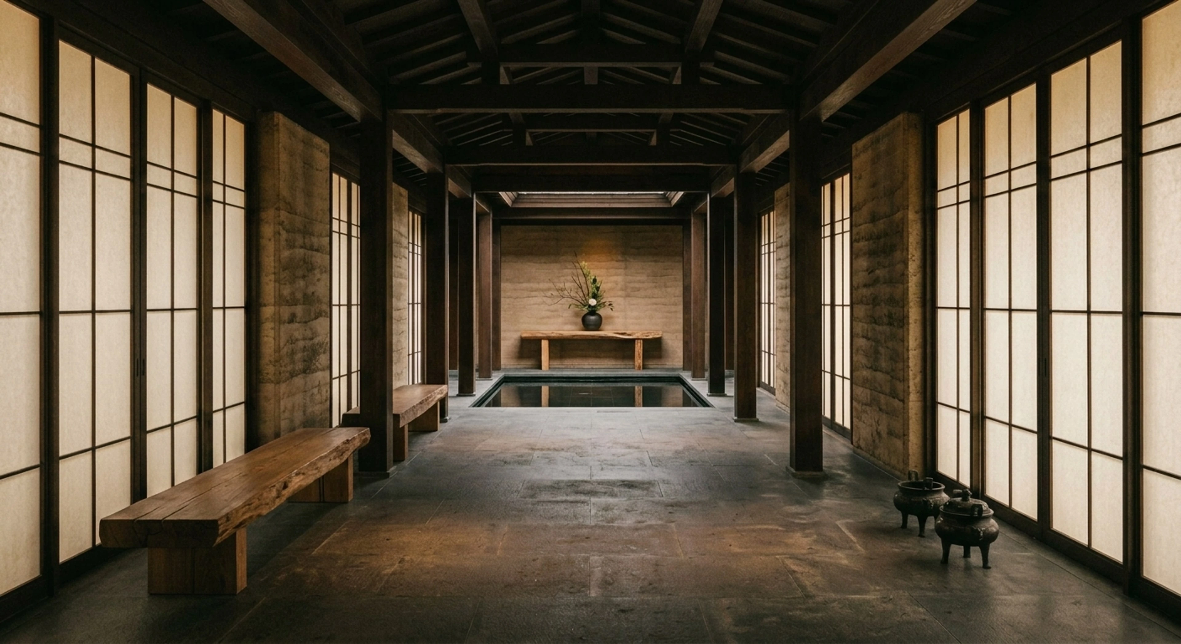 An Aman-quiet arrival lobby of dark stone and rice-paper light resolves into editorial clarity, every grain of its ink-black floor alive. — enhanced by Plotpane