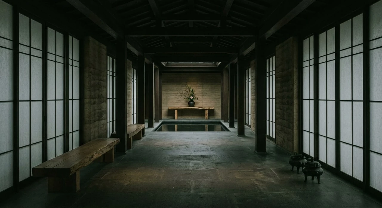 An Aman-quiet arrival lobby of dark stone and rice-paper light resolves into editorial clarity, every grain of its ink-black floor alive. — original listing photo before editing