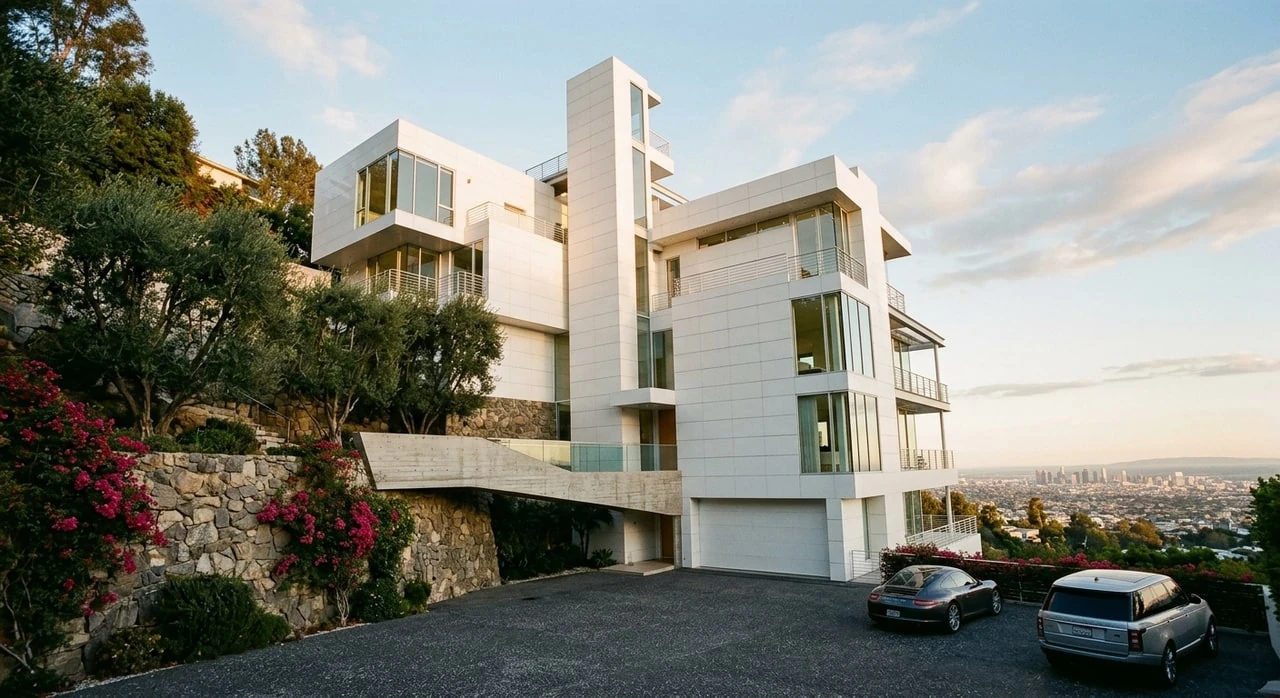 A stacked white Bel Air mansion clings to the ridge, its orthogonal volumes corrected into pure architectural geometry. — original listing photo before editing