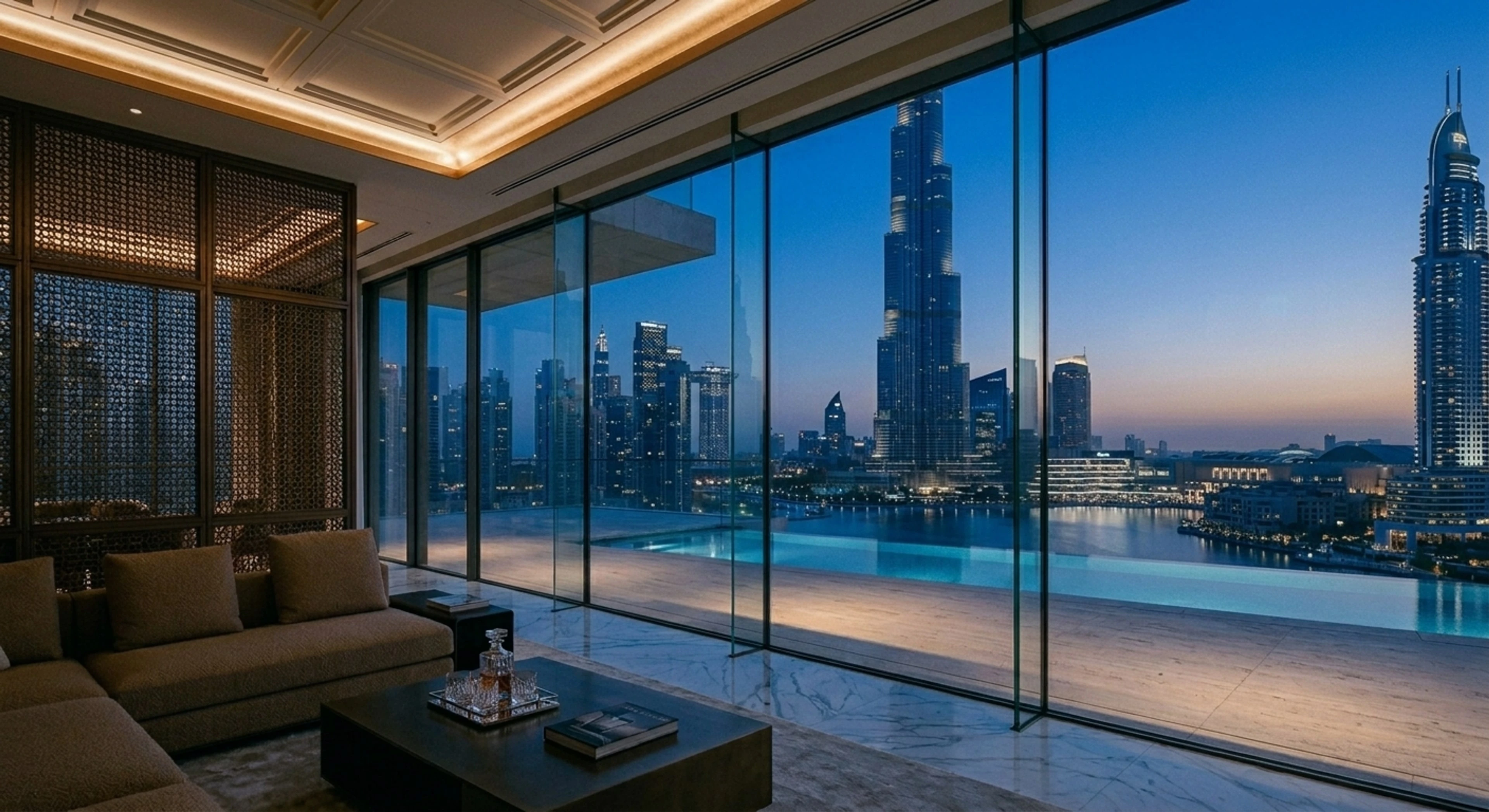 A sculpted full-floor penthouse balcony frames the Burj Khalifa spire as the desert dusk turns the glass canyon molten amber. — enhanced by Plotpane