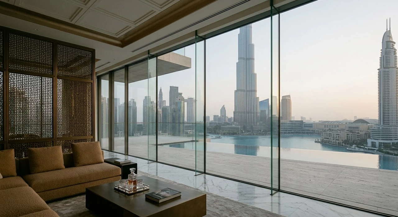 A sculpted full-floor penthouse balcony frames the Burj Khalifa spire as the desert dusk turns the glass canyon molten amber. — original listing photo before editing