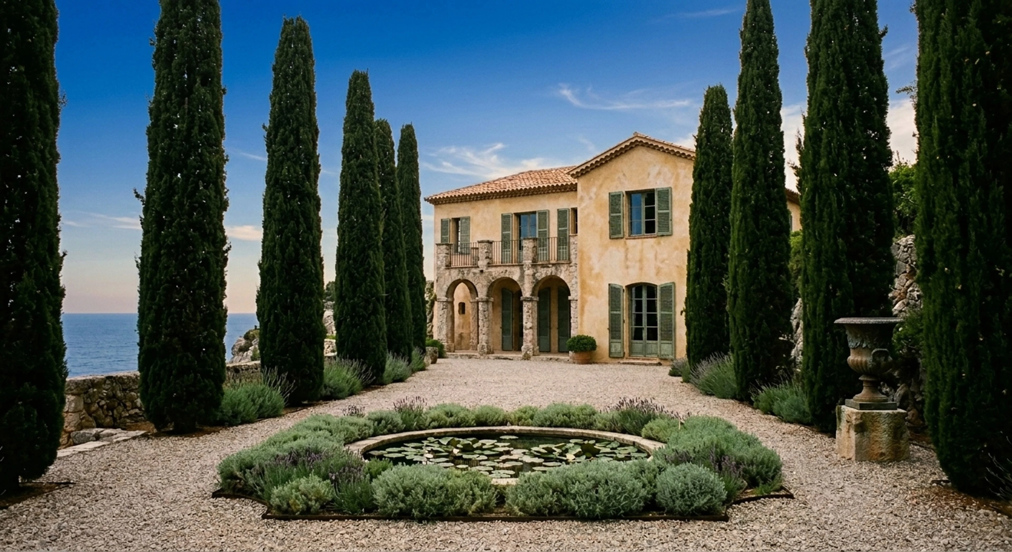 A Cap Ferrat cliffside villa regains its Côte d'Azur sky, cypresses cut hard against a restored Riviera blue above the existing sea. — enhanced by Plotpane