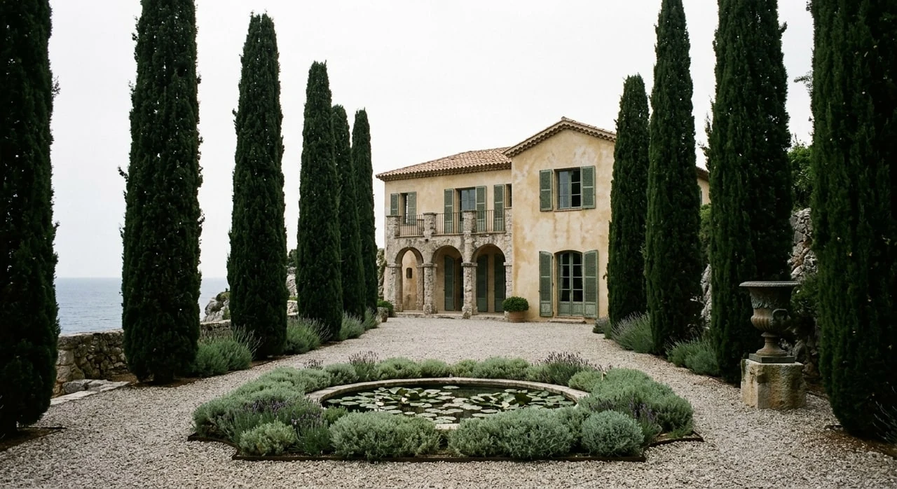A Cap Ferrat cliffside villa regains its Côte d'Azur sky, cypresses cut hard against a restored Riviera blue above the existing sea. — original listing photo before editing