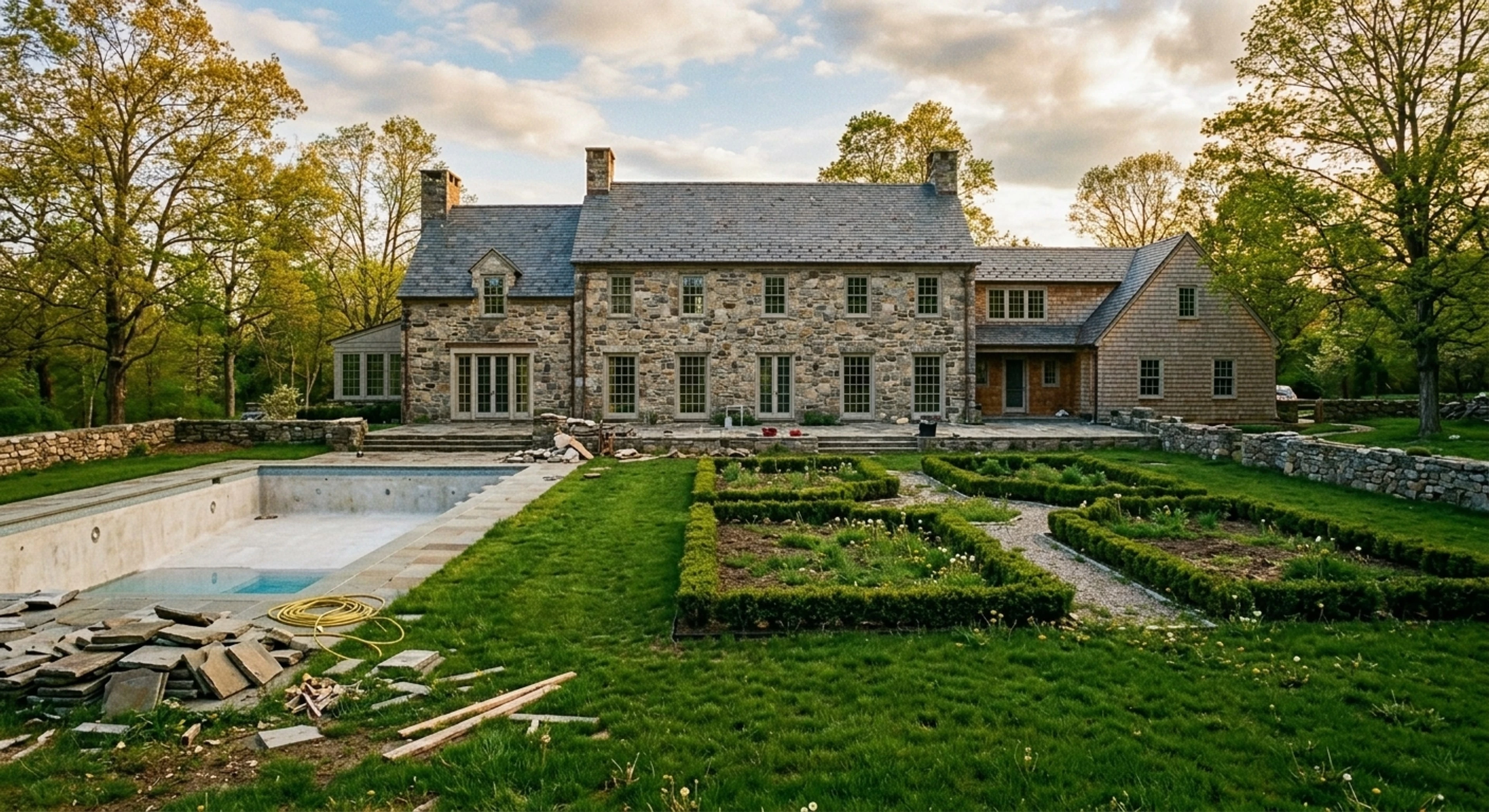 A hand-laid stone manor in Greenwich back-country commands a restored emerald meadow, its pool a polished slate rectangle in the turf. — enhanced by Plotpane