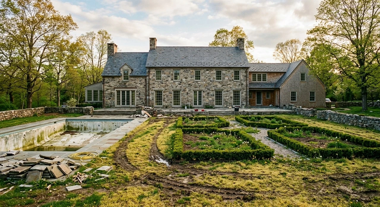 A hand-laid stone manor in Greenwich back-country commands a restored emerald meadow, its pool a polished slate rectangle in the turf. — original listing photo before editing