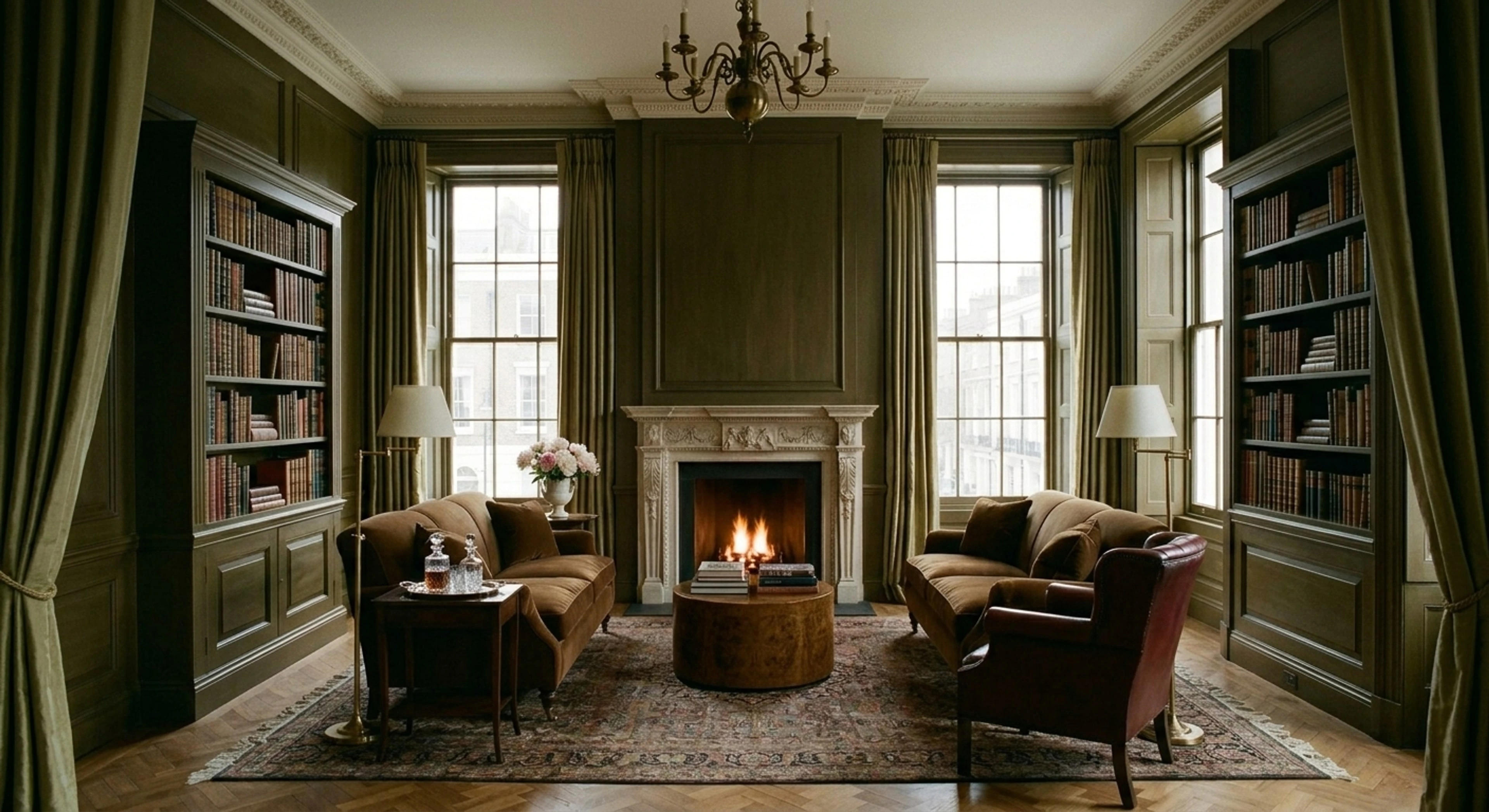 An empty listed-townhouse library is staged into a clubland reading room, its panelled walls lined and its fire suddenly lit. — enhanced by Plotpane