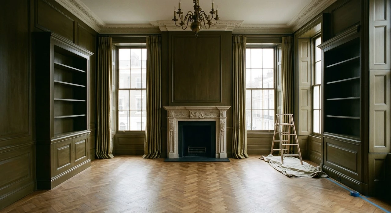 An empty listed-townhouse library is staged into a clubland reading room, its panelled walls lined and its fire suddenly lit. — original listing photo before editing