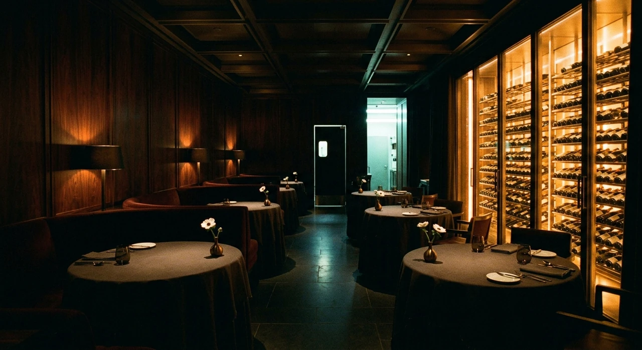A dark, intimate Michelin-starred dining room recovers its velvet depth and glinting crystal without losing its secret-club shadow. — original listing photo before editing