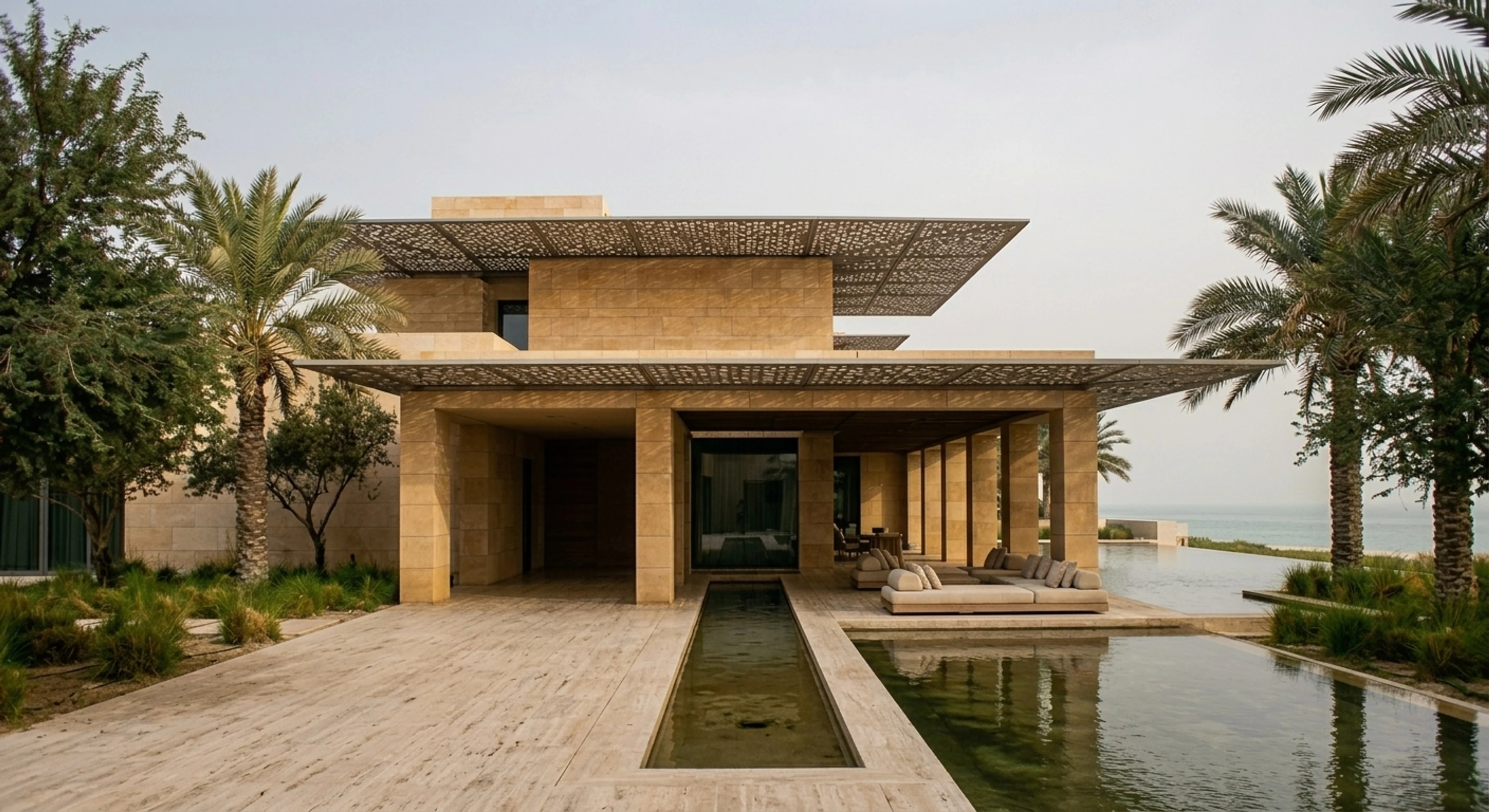 A low-slung limestone beach estate on Saadiyat Island, its colonnade echoing Jean Nouvel while the Gulf laps a private cove. — enhanced by Plotpane
