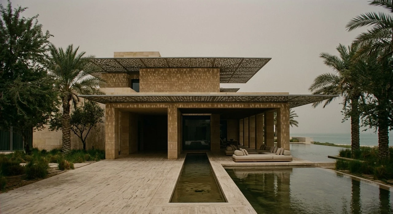 A low-slung limestone beach estate on Saadiyat Island, its colonnade echoing Jean Nouvel while the Gulf laps a private cove. — original listing photo before editing