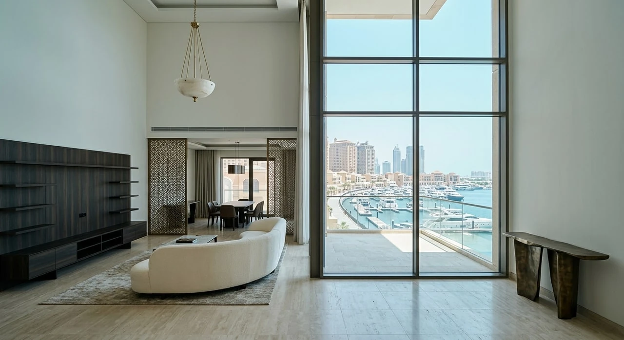 A marina-front duplex on The Pearl, its double-height glass wall opening onto a mirrored harbour of superyachts at blue hour. — original listing photo before editing
